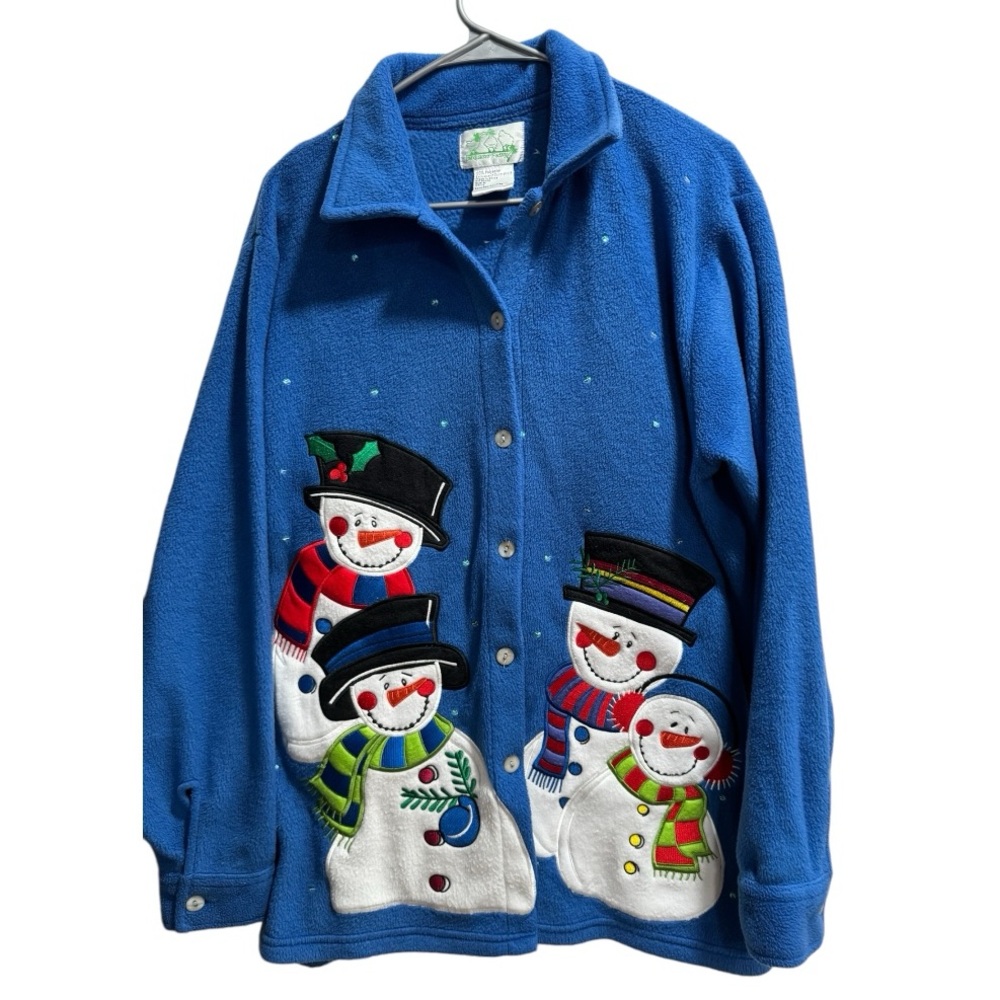 Fleece Holiday Button Up Sweater/ Cardigan, size Medium, Blue Snowman Family